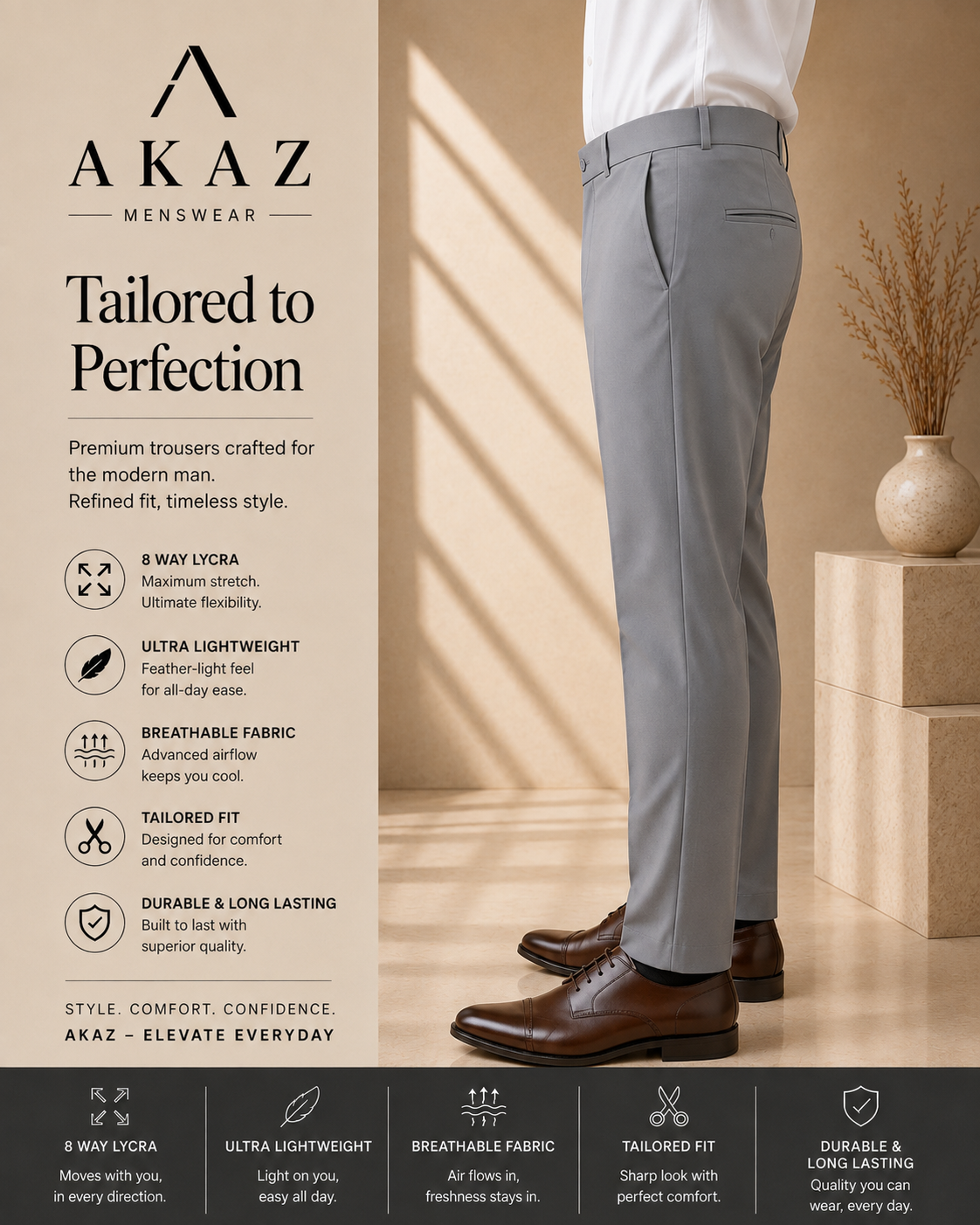 SUPRA 8-Way Stretch Men's Formal Trousers | Premium Comfort Fit Pants