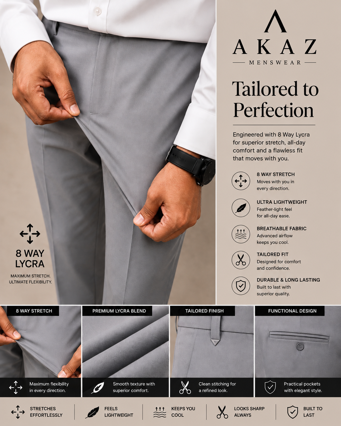 SUPRA 8-Way Stretch Men's Formal Trousers | Premium Comfort Fit Pants