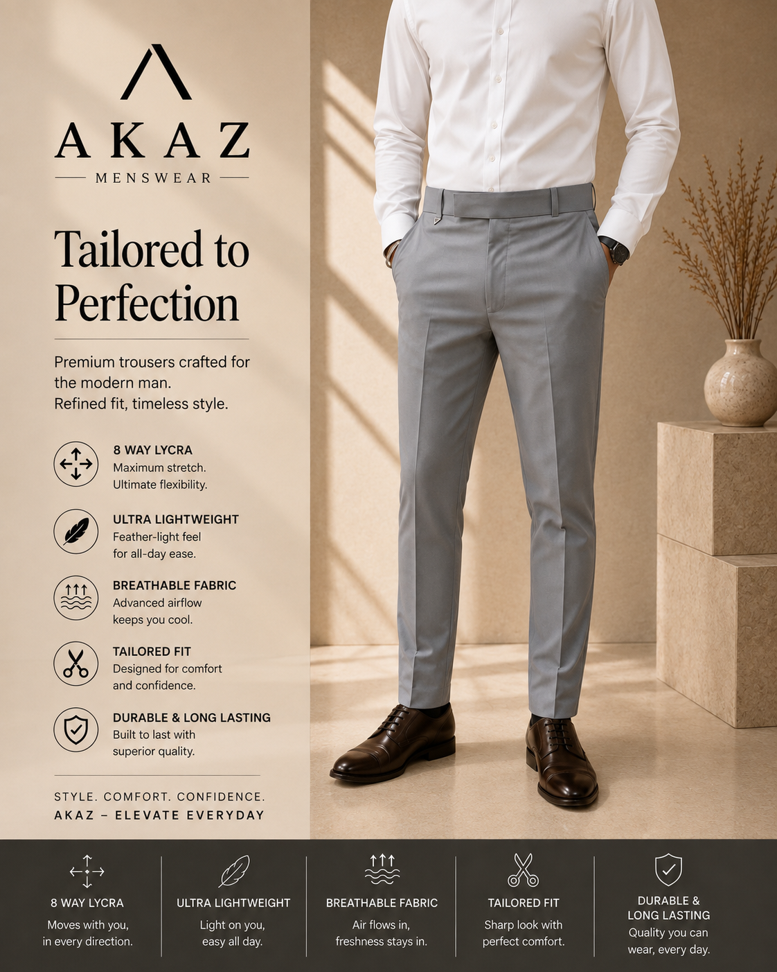 SUPRA 8-Way Stretch Men's Formal Trousers | Premium Comfort Fit Pants