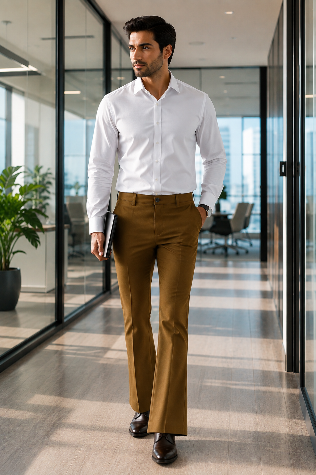 AKAZ Premium Brown Trousers for Men | Stretch Bootcut Business Casual Pants