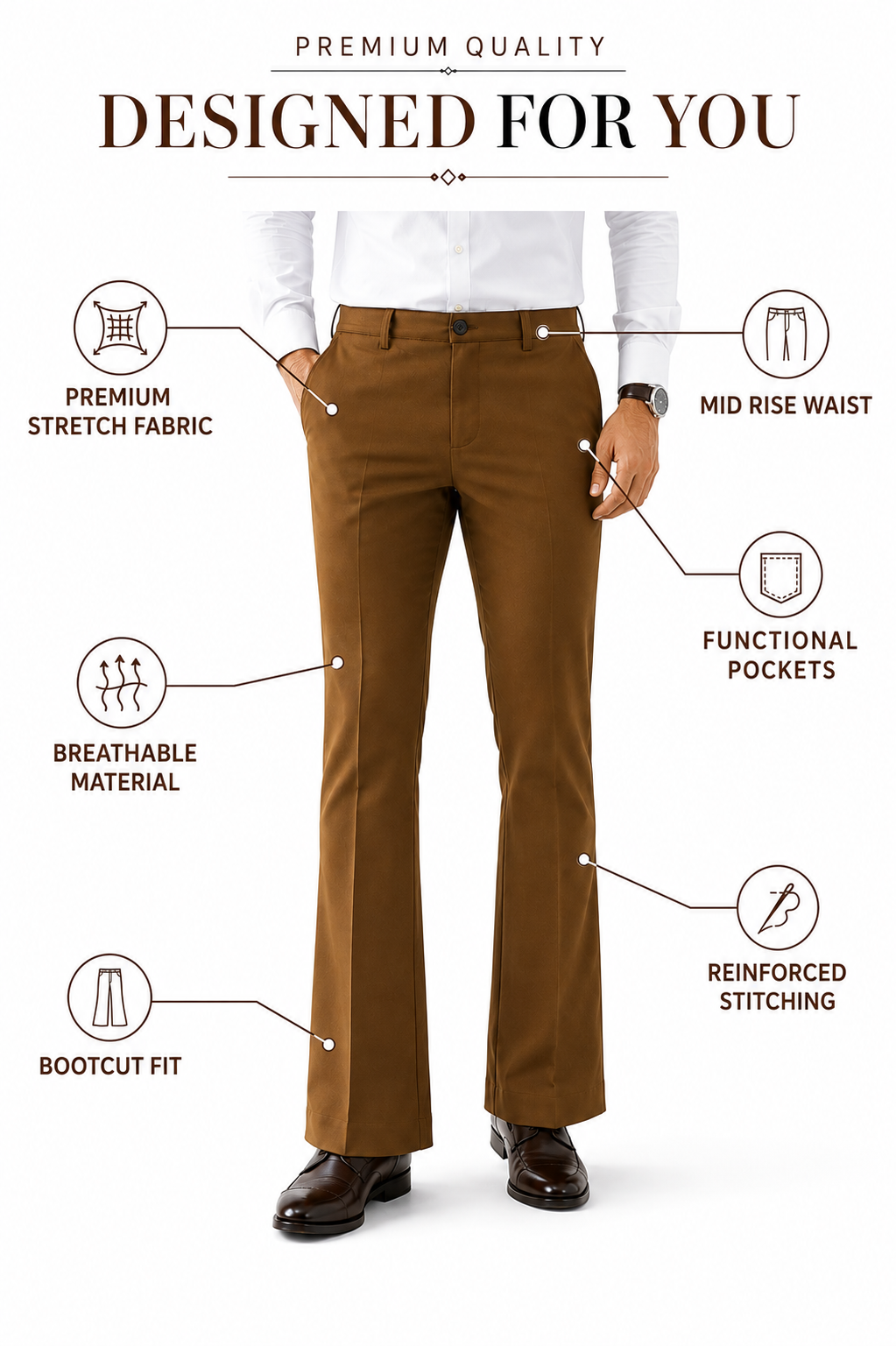 AKAZ Premium Brown Trousers for Men | Stretch Bootcut Business Casual Pants