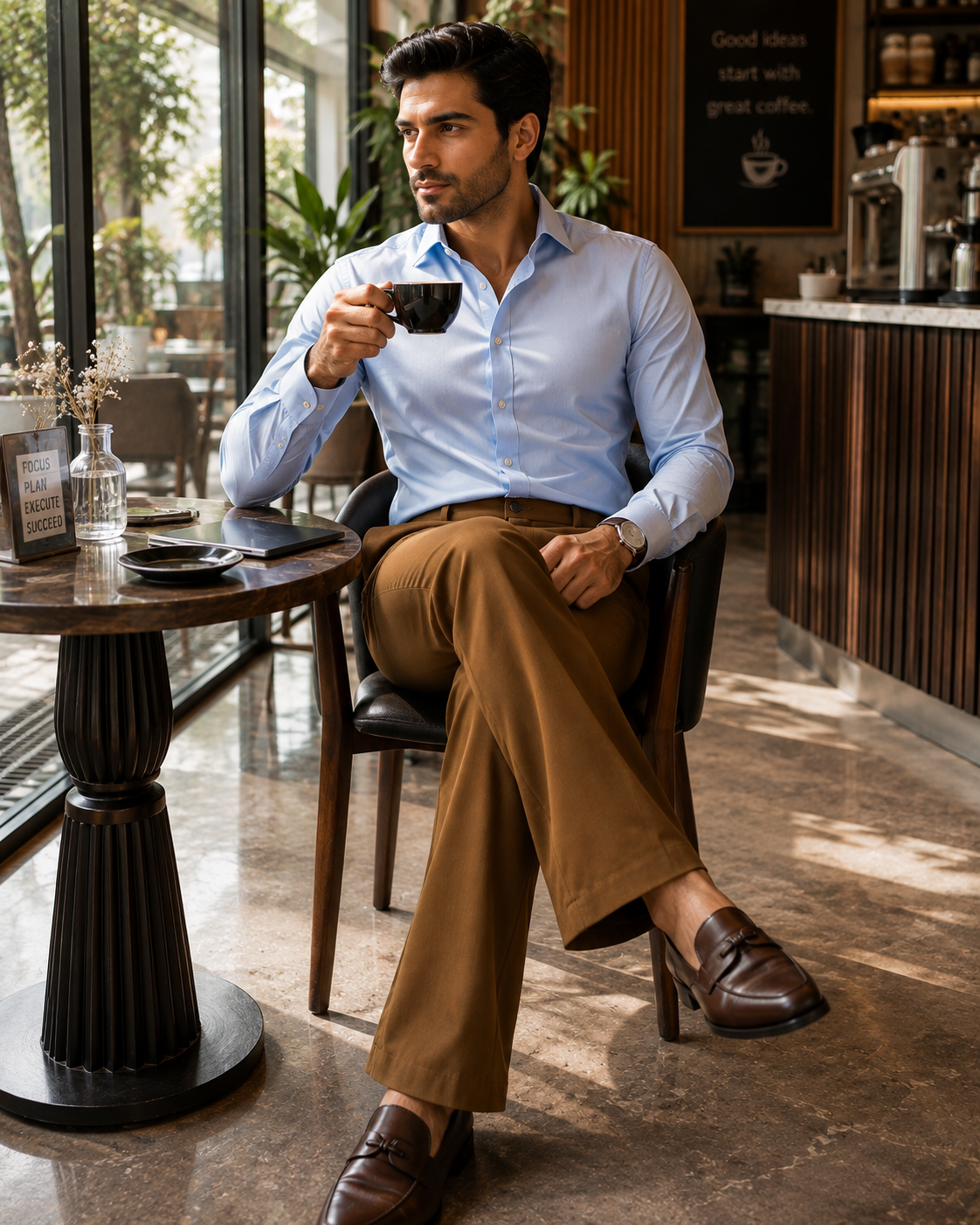 AKAZ Premium Brown Trousers for Men | Stretch Bootcut Business Casual Pants