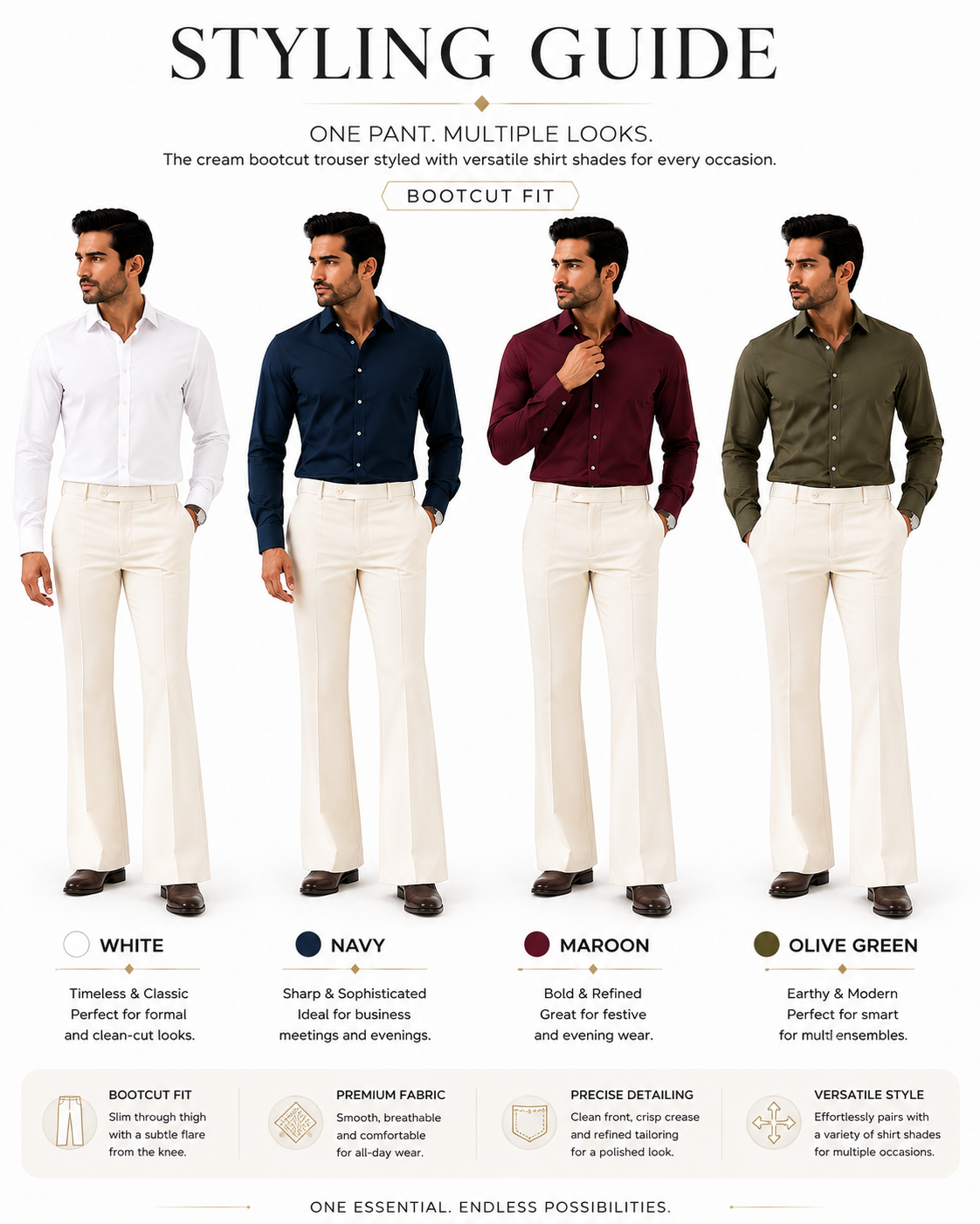 Premium Cream Bootcut Trousers for Men | Wedding & Formal Pants