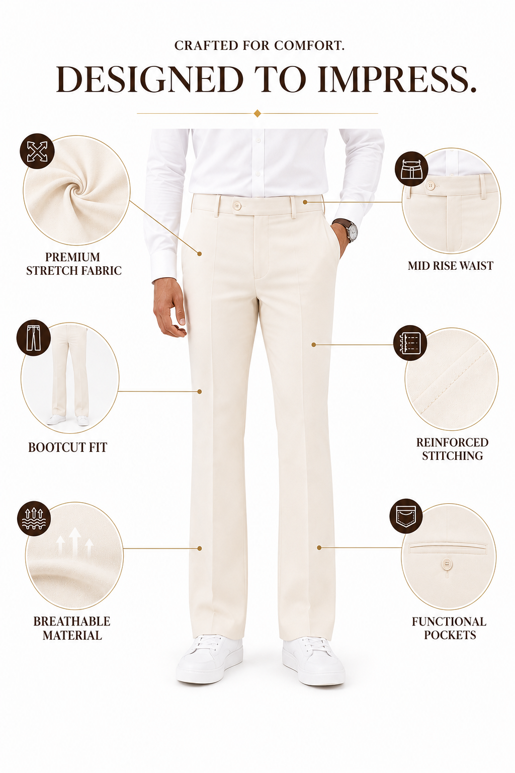 Premium Cream Bootcut Trousers for Men | Wedding & Formal Pants