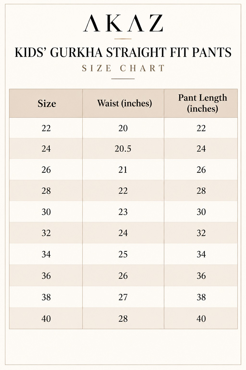 AKAZ kids Gurkha straight fit pants size chart showing waist and pant length in inches for sizes 22 to 40