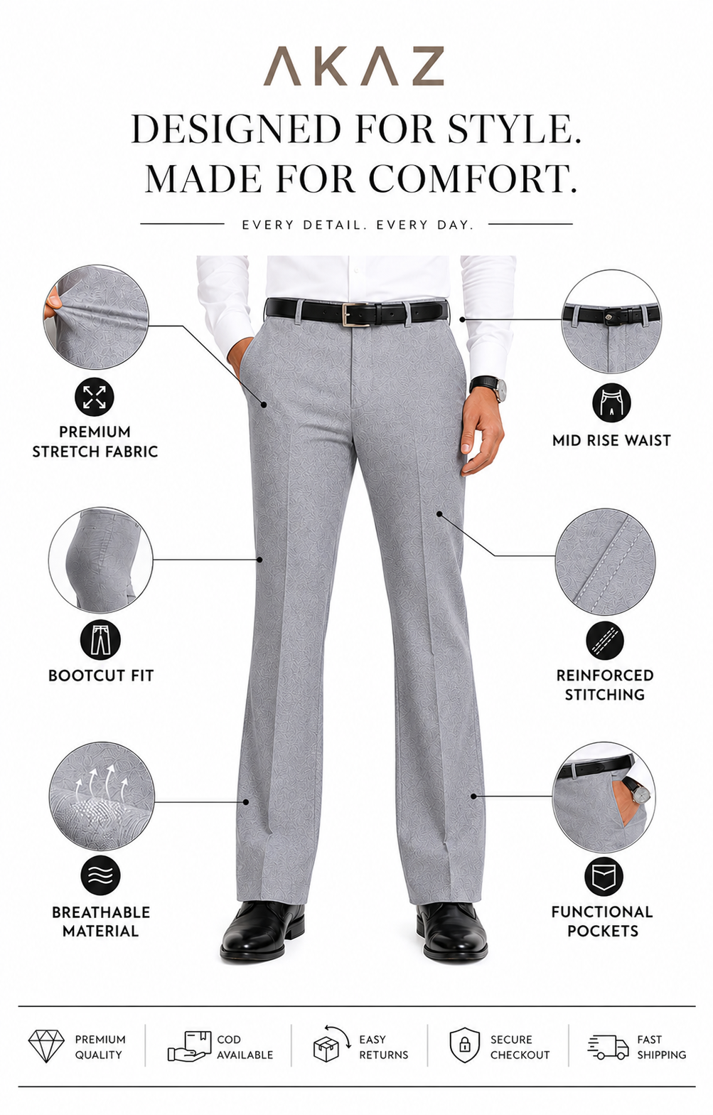 AKAZ Premium Light Grey Dress Pants for Men | Tailored Stretch Bootcut Trousers