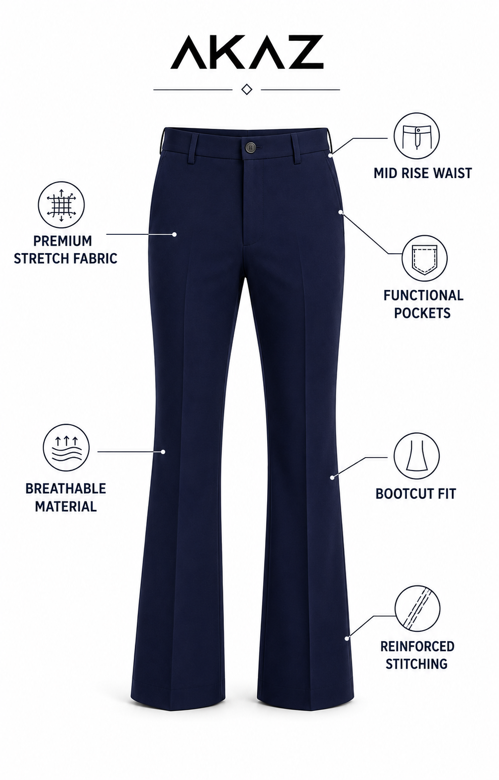 AKAZ Premium Navy Formal Pants for Men | Stretch Office Trouser | Bootcut Fit